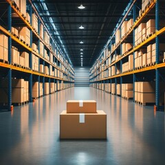 Poster - Spacious Warehouse Interior Filled with Stacked Boxes on the Floor Depicting a Busy Logistics Environment with Natural Light Streaming In