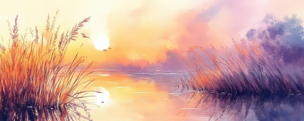 Poster - Vibrant Sunset Over Tranquil Lake with Colorful Skies and Gentle Ripples Creating a Peaceful Atmosphere in a Picturesque Natural Setting