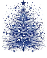Wall Mural - a blue christmas tree with a star on top and snow falling from it