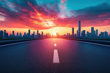 Wall Mural - Asphalt road leads to a vibrant city skyline at sunset; fiery clouds fill the sky. Perfect for travel, success, and urban development concepts.
