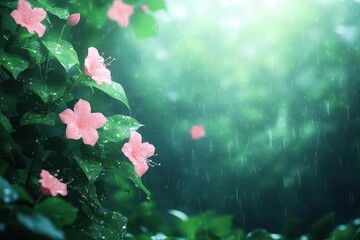Poster - Delicate Pink Flowers Dripping with Raindrops in a Lush Green Garden Setting Evoking Calmness and Refreshing Beauty of Nature's Embrace