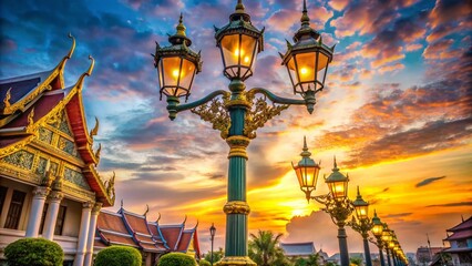 Wall Mural - Low Angle Drone Shot: Traditional Thai Street Lamps Against Vivid Blue Sky