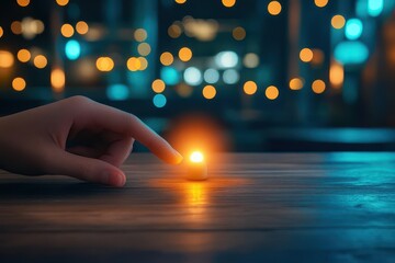 Leinwandbilder - A Warm Candlelit Atmosphere with a Hand Resting on a Rustic Table Evoking Intimacy and Comfort in a Cozy Indoor Setting at Dusk