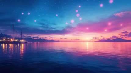 Aufkleber - Maritime glow envelops quiet waters, twilight ambiance and soft lighting, medium angle capturing peaceful reflections