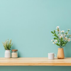 Aufkleber - Charming Display of Three Elegant Vases with Colorful Fresh Flowers on a Wooden Shelf Creating a Warm and Inviting Home Atmosphere for Decor