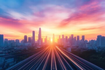 Aufkleber - Serene Train Track Under a Vibrant Sunset with Warm Hues Reflecting in the Sky Creating a Tranquil and Picturesque Evening Atmosphere