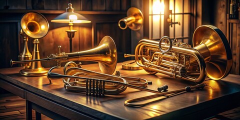 Wall Mural - Low Light Photo: Trombones on a Desk - Moody Brass Instruments