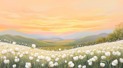 Wall Mural - Beautiful sunset over a field of cotton plants. Lush landscape with rolling hills and a soft pastel color palette.