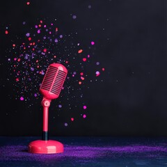 Poster - Vibrant Red Microphone Surrounded by Colorful Confectionery on Dark Background Creating a Playful and Energetic Atmosphere for Music and Fun