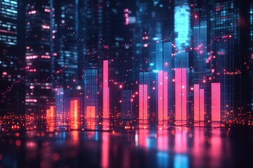 Poster - Cyberpunk cityscape with glowing data visualizations and bar graphs reflecting financial growth and technological advancement.