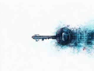 Poster - A Close Up of a Vintage Key Positioned Against a Bright Blue Background Evoking Feelings of Mystery and Intrigue in a Simple Yet Elegant Composition