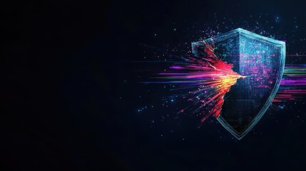 Fototapete - Vibrant Computer Shield Surrounded by Colorful Lines and Dots Representing Digital Security and Technology in a Futuristic and Dynamic Environment