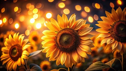 Wall Mural - Low Light Sunflowers with Bokeh:  Romantic Nighttime Floral Photography