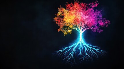 Aufkleber - Vibrant Tree with Colorful Leaves and Exposed Roots Set Against a Clear Blue Sky Creating a Lively and Inviting Autumn Scene in Nature
