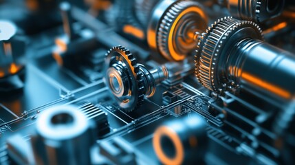 Poster - Intricate Overview of Metal Gears and Machinery Components Highlighting Precision Engineering and Technological Innovation in Industrial Environments