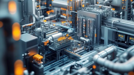 Poster - Futuristic Factory Interior with Advanced Machinery, Pipes, and Digital Displays in a High-Tech Industrial Environment