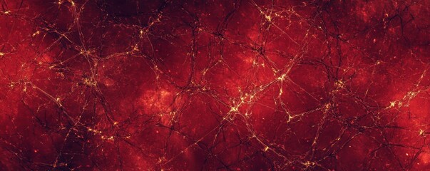 Abstract red cosmic nebula with glowing golden veins.