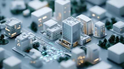 Poster - Aerial View of a Miniature Cityscape Featuring Modern Buildings, Streets, and Lush Green Spaces in a Softly Lit Urban Environment