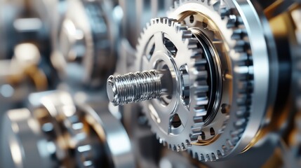 Poster - Close-up View of Precision Engineered Gears and Cogs in Motion, Showcasing Intricate Design and Details of Mechanical Components in a Modern Industrial Setting
