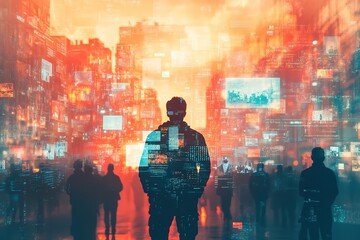 Poster - silhouette of a person amidst a futuristic cityscape, surrounded by digital screens and data streams