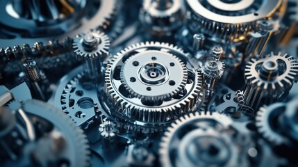 Poster - Intricate Close-Up of Interlocking Gears in Metallic Shine, Showcasing Precision Engineering and Mechanical Design, Perfect for Technology and Industry Themes
