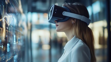 Poster - Woman Engaged in Virtual Reality Experience While Analyzing Digital Data Visualizations in a Modern Technology Environment