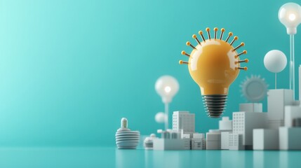 Poster - Bright Imagination: A Futuristic Cityscape with Creative Light Bulb Structures Symbolizing Innovation, Ideas, and Urban Development in a Playful, Colorful Environment