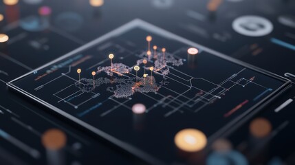 Fototapete - Abstract digital map visualization with glowing nodes and circuit patterns representing global connectivity and technological advancements in data communication