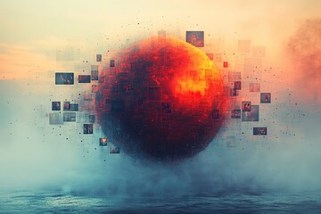 Poster - glowing orb above water, surrounded by digital imagery. abstract concept of data and technology.