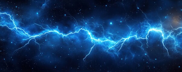 Wall Mural - Abstract cosmic energy, blue lightning bolts across dark space background.