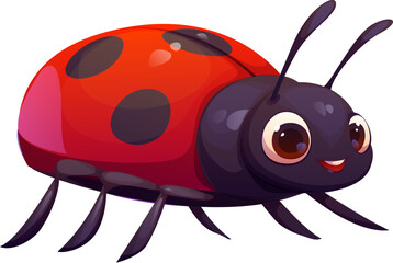 Wall Mural - Cartoon funny ladybug insect character. Isolated vector funny ladybird pest with a vivid red shell, black spots, antennas, large friendly eyes and an expressive smile. Cute lady beetle or lady cow bug