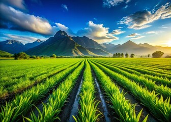 Wall Mural - Lush Green Crop Field & Mountain Landscape - Serenity & Agricultural Beauty Stock Photo