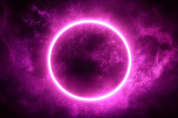 Aufkleber - Vibrant Purple Neon Circle with Ethereal Glow Over Dark Space Background for Modern Abstract Art, Technology, and Creative Projects