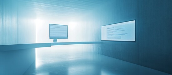 Futuristic office interior with computer and screen displaying code.