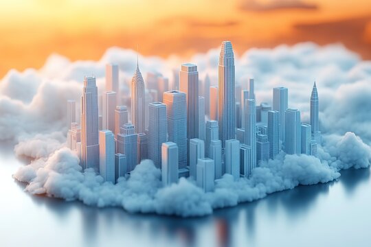 Cityscape above the clouds at sunset. A digital rendering of a city nestled in fluffy clouds, bathed in the warm glow of the setting sun.