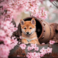 Wall Mural - shiba inu sitting on a tank turret