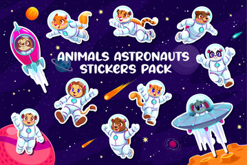 Poster - Cartoon animal astronauts stickers pack of funny spaceman in galaxy space, vector personages. Cartoon zoo animals in spacesuits, koala in alien UFO or monkey on galaxy planet with sloth in rocket
