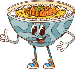 Aufkleber - Cartoon retro groovy Katsudon donburi character. Isolated vector playful bowl of Katsudon, a Japanese rice dish funky personage with a smiling face, full of crispy cutlets over rice, gives a thumbs up