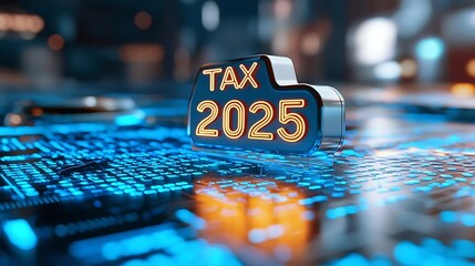 Wall Mural - Futuristic grid backdrop glowing with blue neon light and golden  2025 Tax  symbol representing the concept of future finance economy and technological advancements in the business world