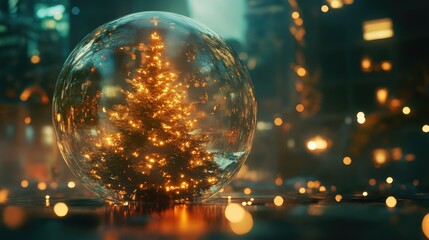 Wall Mural - intricate christmas tree enclosed in a clear glass ball, glowing softly in holiday ambiance.