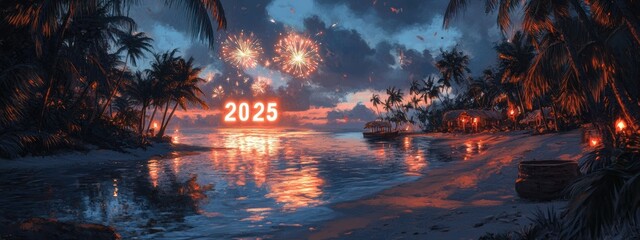 Tropical 2025 New Year Beach Celebration Fireworks