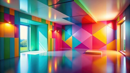 Wall Mural - vibrant colorful room with geometric wall panels and shiny floor, ideal for modern interior design i