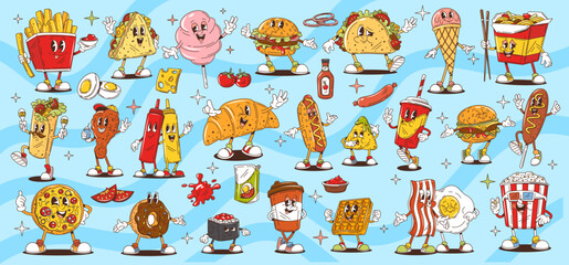 Poster - Cartoon retro groovy fast food characters, funny sandwiches and snacks, vector comic art. Groovy fast food characters of funky hot dog with freaky popcorn and pizza or quirky donut in retro cartoon
