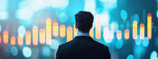 Poster - A man is looking at a computer screen with a graph on it