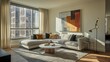 © Almahyra - Modern living room with large windows, sectional sofa, and abstract art.