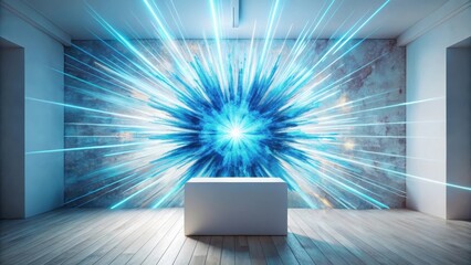 Wall Mural - empty white pedestal in a modern room with a vibrant blue light burst wall art.