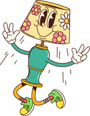Aufkleber - Cartoon lamp groovy furniture character with floral patterned lampshade as a head, gives peace signs with both hands. Isolated vector retro home interior item wearing sneakers and conveys joyful vibe