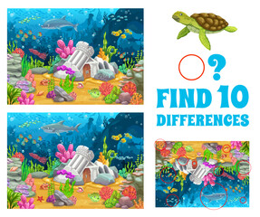 Aufkleber - Sea underwater landscape with abandoned ruined ancient town, kids game vector worksheet. Find ten differences and matching pictures puzzle quiz with cartoon ocean bottom, ruins, sea animals and fish