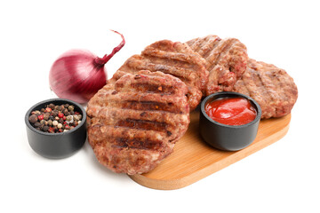 Wall Mural - Tray with tasty meat cutlets isolated on white background