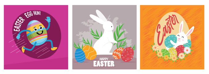  Bright Easter-themed illustrations featuring eggs and bunnies, perfect for spring celebrations.